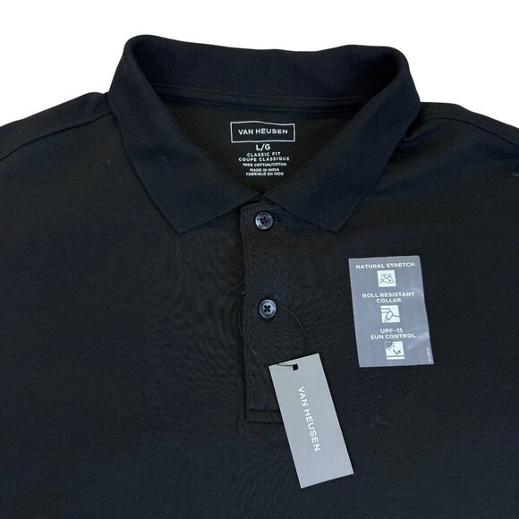Van Heusen Mens Black Cotton Polo Shirt Classic Fit UPF Sun Control Size L - New - Picture 3 of 7
